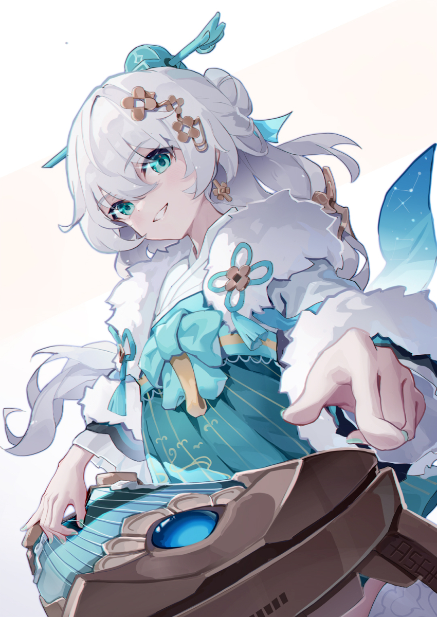 1girl :d asc11 blue_eyes chinese_clothes chinese_commentary commentary commentary_request earrings grin guzheng hair_between_eyes hair_ornament highres honkai_(series) honkai_impact_3rd instrument jewelry long_hair long_sleeves looking_at_viewer nail_polish open_mouth pointing pointing_at_viewer simple_background smile solo teeth theresa_apocalypse zhuge_kongming_(honkai_impact) white_background white_hair zhuge_kongming_(honkai_impact)