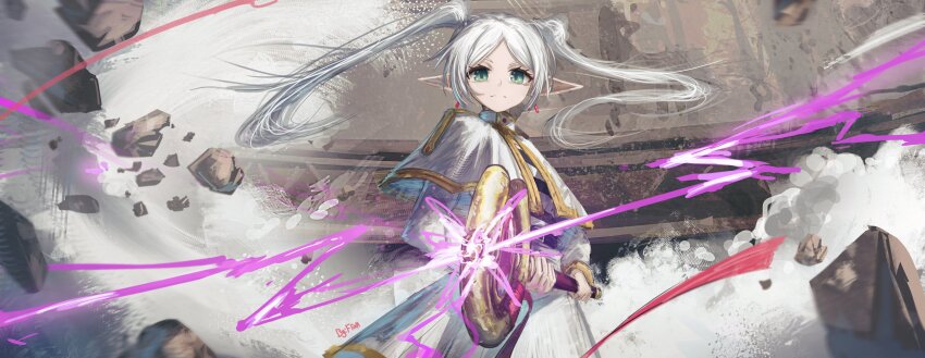 1girl absurdres artist_name capelet closed_mouth commentary cowboy_shot earrings elf english_commentary franlol frieren green_eyes grey_hair highres holding holding_staff jewelry long_hair long_sleeves looking_at_viewer mage_staff parted_bangs pointy_ears rock shirt skirt solo sousou_no_frieren staff striped_clothes striped_shirt twintails white_capelet white_shirt white_skirt