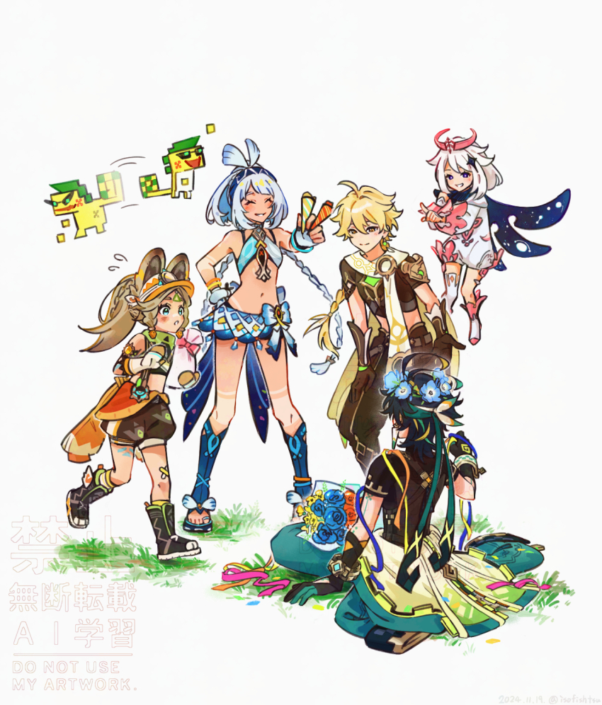 2boys 3girls aether_(genshin_impact) ajaw_(genshin_impact) animal_ears blue_flower blue_hair bouquet braid brown_hair closed_eyes commentary_request dress flower genshin_impact gloves hair_ornament halo hand_on_own_hip hat head_wreath highres holding isofishtsu kachina_(genshin_impact) kinich_(genshin_impact) long_hair mualani_(genshin_impact) multiple_boys multiple_girls paimon_(genshin_impact) pants party_popper red_flower scarf simple_background single_braid single_thighhigh sitting standing streamers thighhighs visor_cap white_dress yellow_flower