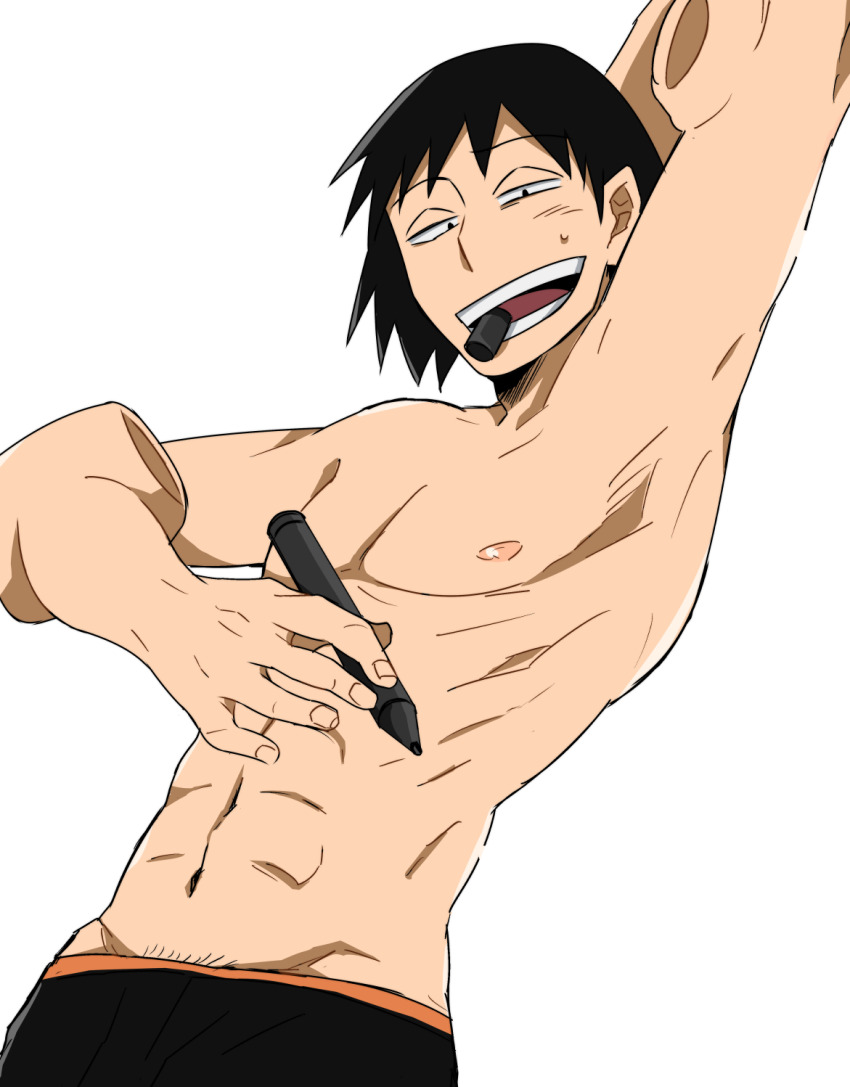 1boy abs armpits black_eyes black_hair boku_no_hero_academia highres male_focus marker muscular muscular_male nipples object_in_mouth oskmtkr pectorals sero_hanta short_hair solo toned toned_male topless_female white_background