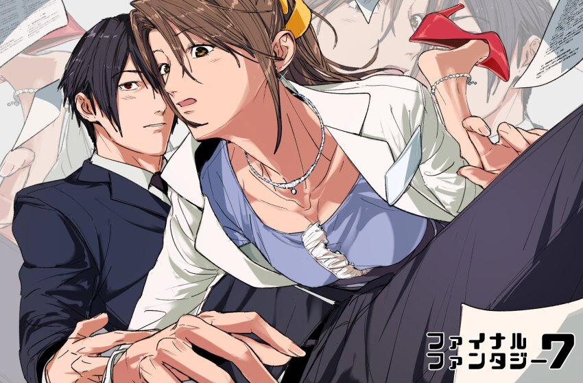 1boy 1girl amikoiiko anklet bead_anklet beads belt black_belt black_hair black_jacket black_necktie black_suit blue_shirt breasts brown_hair cleavage collarbone collared_shirt copyright_name cross cross_earrings dirge_of_cerberus_final_fantasy_vii earrings facing_to_the_side falling feet_out_of_frame final_fantasy final_fantasy_vii fingernails formal_clothes hair_ribbon high_heels high_ponytail highres holding_another&#039;s_arm id_card jacket jewelry lab_coat lapels lips long_fingernails long_hair looking_at_another looking_down lucrecia_crescent necklace necktie notched_lapels paper ponytail red_eyes red_footwear ribbon shirt short_hair simple_background single_center_frill sternocleidomastoid_muscle suit suit_jacket teeth turks_(ff7) vincent_valentine white_background white_shirt yellow_eyes yellow_ribbon zoom_layer