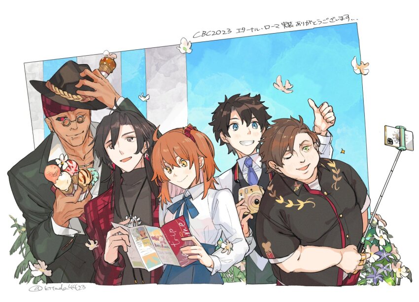 1girl 4boys :d ;) ;d ahoge antenna_hair bandana black_hair black_headwear black_jacket black_sclera black_shirt black_vest blue_eyes blue_necktie blue_pants blue_ribbon blue_skirt border brochure brown_hair bush camera collared_shirt colored_sclera constantine_xi_(fate) cowboy_shot cropped_torso dark-skinned_male dark_skin day earrings fake_photograph fat fat_man fate/grand_order fate_(series) fedora flower food fujimaru_ritsuka_(female) fujimaru_ritsuka_(female)_(anniversary_blonde) fujimaru_ritsuka_(male) fujimaru_ritsuka_(male)_(anniversary_blonde) gaius_julius_caesar_(fate) glasses green_eyes grey_eyes grin hair_between_eyes hair_ornament hair_scrunchie hat high-waist_skirt highres holding holding_camera holding_food holding_paper ice_cream_cone jacket jewelry kitada lip_piercing long_hair long_sleeves looking_at_another medium_hair multiple_boys neck_ribbon necktie nose_piercing official_alternate_costume one_eye_closed one_side_up open_clothes open_collar open_jacket open_mouth orange_hair outside_border pants paper pendant phone piercing pillar pince-nez plaid_clothes plaid_jacket polaroid_photo purple_flower reading red_eyes red_jacket red_scrunchie ribbon romulus_(fate) scrunchie selfie selfie_stick shirt short_hair short_sleeves skirt smile sparkle suit_jacket swept_bangs thumbs_up turtleneck upper_body vest white_border white_flower white_shirt yellow_eyes yellow_flower