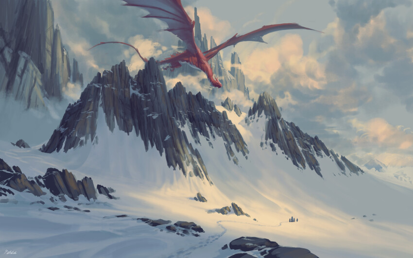 absurdres cloud cloudy_sky commentary creature dragon english_commentary fantasy flying footprints highres krita_(medium) landscape mountain mountain_focus nature no_humans original outdoors philipp_urlich red_scales scenery signature sky snow sunlight western_dragon