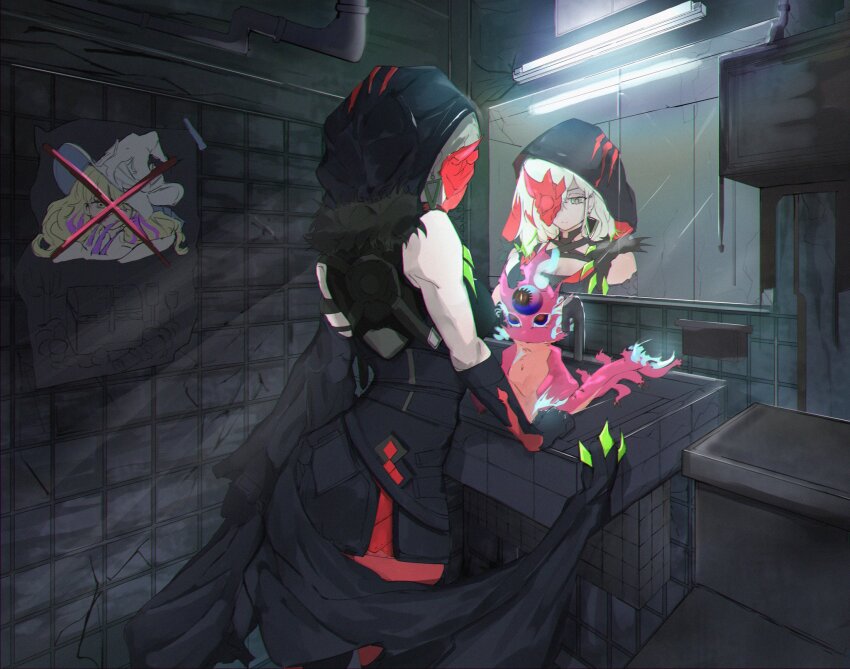 1girl 1other black_hood blonde_hair breasts cleavage colored_tips creature detached_sleeves diabellstar_the_black_witch diabellze_the_original_sinkeeper dress duel_monster earrings glasses gloves green_eyes green_hair grey_hair half_mask hat highres hood hood_up indoors jewelry large_breasts long_hair looking_down mask medium_hair multicolored_hair pale_skin pantyhose purple_hair red_mask red_pantyhose single_detached_sleeve single_glove single_sleeve snake-eyes_poplar streaked_hair uragawai white_dress witch witch_hat yu-gi-oh!