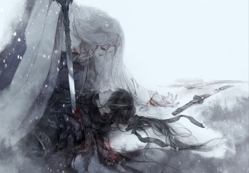2boys black_hair black_hanfu black_ribbon blood blood_on_clothes blood_on_face broken broken_sword broken_weapon chinese_clothes closed_mouth cuts face-to-face facial_mark hair_between_eyes hair_over_eyes hair_ribbon hanfu head_down highres holding holding_sword holding_weapon injury jian_wuji jinguang_budaixi long_hair long_sidelocks lying male_focus multiple_boys on_back parted_bangs ponytail ren_piaomiao ribbon sidelocks simple_background stab sword three_quarter_profile three_quarter_view upper_body weapon white_background white_hair white_hanfu yu_yu_huadiao