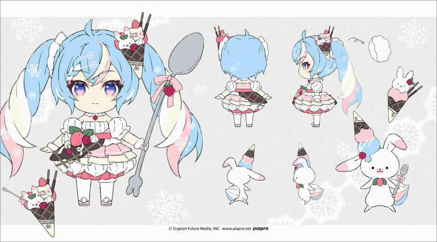 1girl animal arrow_(symbol) bare_shoulders blue_eyes blue_hair brown_hair chibi closed_mouth commentary_request crepe detached_sleeves double_scoop dress food fork grey_background hakusai_(tiahszld) hatsune_miku heart heart-shaped_pupils highres holding holding_fork holding_spoon ice_cream multicolored_hair multiple_views official_art oversized_object pantyhose pink_hair pink_shoes pocky puffy_short_sleeves puffy_sleeves rabbit rabbit_yukine shoes short_sleeves smile snowflakes spoon symbol-shaped_pupils twintails two-tone_hair vocaloid watermark web_address white_dress white_hair white_pantyhose white_sleeves yuki_miku yuki_miku_(2026)_(applicant)