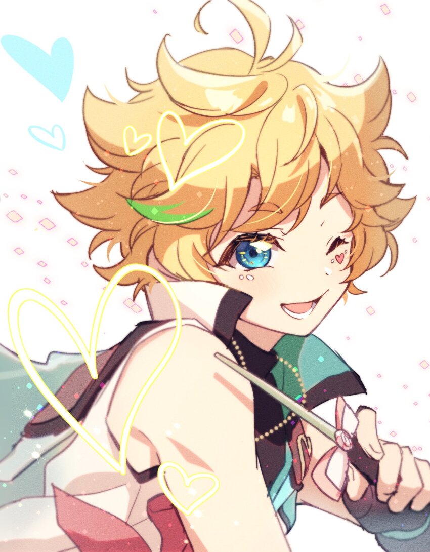 1boy blonde_hair blue_eyes ensemble_stars! green_hair grey_background harukawa_sora heart heart_on_cheek highres looking_at_viewer male_focus multicolored_hair one_eye_closed open_mouth short_hair simple_background smile solo take_no_ko teeth