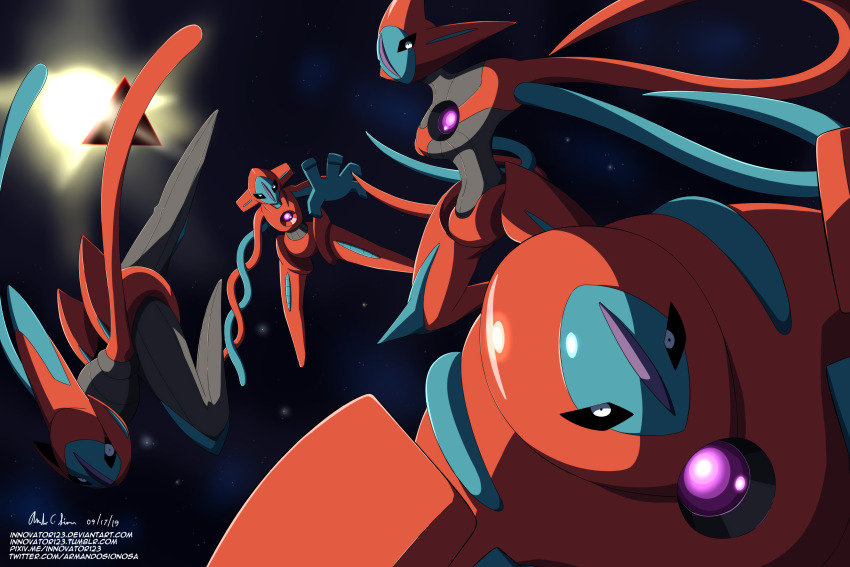absurdres alternate_form deoxys deoxys_(attack) deoxys_(defense) deoxys_(normal) deoxys_(speed) expressionless gen_3_pokemon highres innovator123 looking_at_viewer mythical_pokemon nintendo no_humans planet pokemon pokemon_(creature) shaded_face simple_background space tentacles