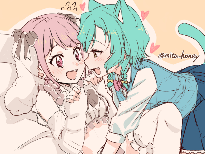 2girls animal_ears bang_dream! blue_skirt braid cat_ears cat_tail detached_sleeves dog_ears eyelashes flying_sweatdrops green_eyes heart hikari_(mitsu_honey) hikawa_hina maruyama_aya midriff multiple_girls pink_hair pleated_skirt shirt skirt sleeves_past_fingers sleeves_past_wrists tail twin_braids vest white_shirt yuri