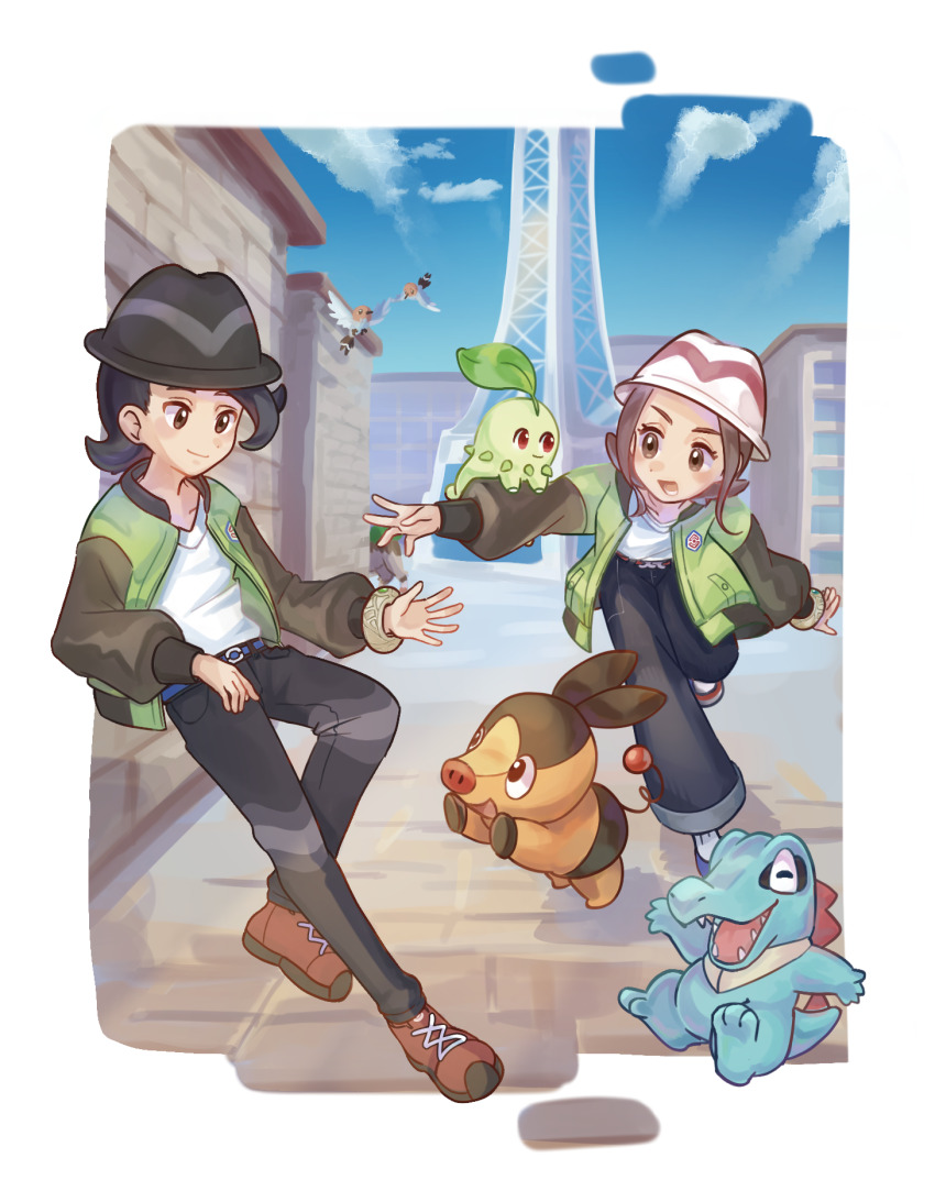 1boy 1girl black_hair border brown_eyes brown_hair brown_shoes chikorita closed_mouth cloud commentary_request day eko fletchling gen_2_pokemon gen_5_pokemon gen_6_pokemon green_jacket harmony_(pokemon) hat highres jacket looking_down nintendo open_clothes open_jacket outdoors pants paxton_(pokemon) pokemon pokemon_(creature) pokemon_legends:_z-a pokemon_on_arm shirt shoes sky smile tepig totodile transparent_border white_hat white_shirt