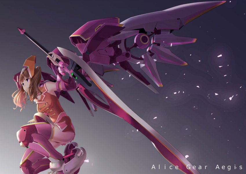 1girl alice_gear_aegis alternate_hairstyle antennae armor closed_mouth copyright_name female_focus fujimo_ruru full_body highres holding holding_weapon huge_weapon leotard light_brown_hair mecha_musume mechanical_boots mechanical_wings orange_leotard purple_eyes shimoochiai_touka sleeveless solo squatting sword twintails weapon wings
