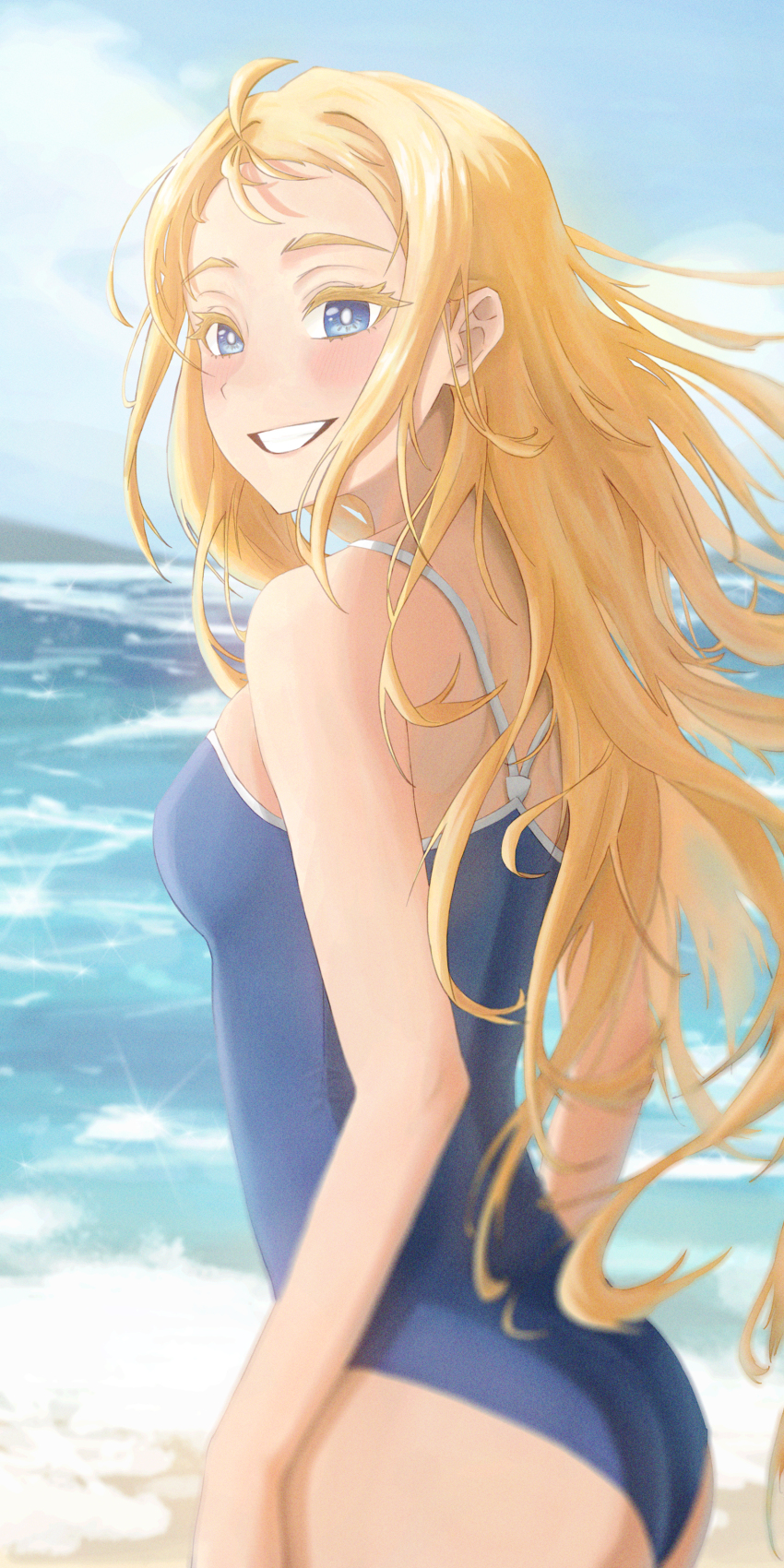 1girl absurdres aloe_(npc_0500192233) ass beach blonde_hair blue_one-piece_swimsuit blue_sky cloud competition_school_swimsuit cowboy_shot day highres horizon kofune_ushio long_hair looking_at_viewer looking_back ocean one-piece_swimsuit outdoors parted_bangs school_swimsuit sky solo summertime_render swimsuit