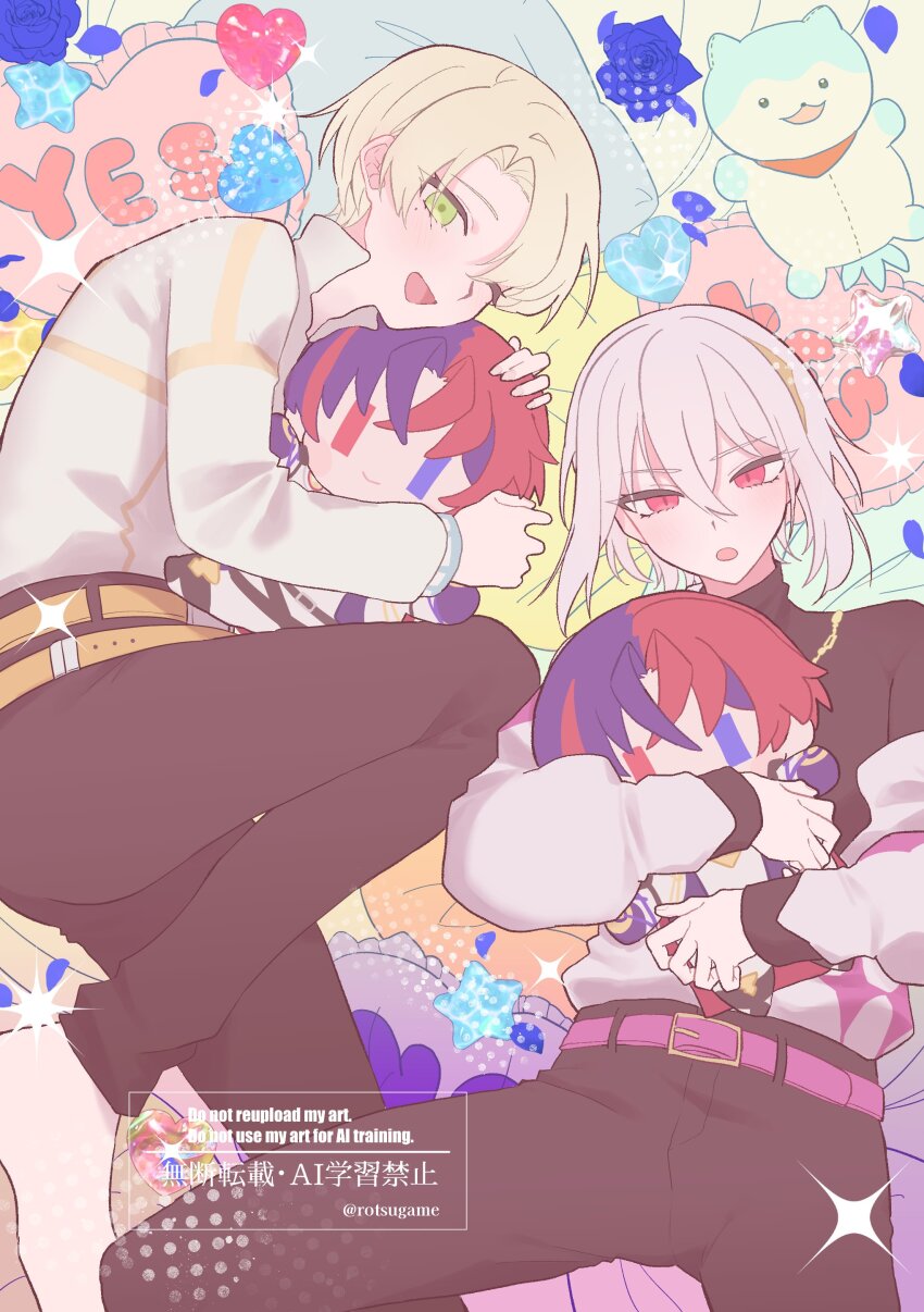 2boys absurdres alfred_(fire_emblem) black_pants blonde_hair character_doll cosplay doll fire_emblem fire_emblem_engage green_eyes grey_hair highres male_alear_(fire_emblem) multiple_boys nintendo pants prince rafal_(fire_emblem) red_eyes rororotsu sommie_(fire_emblem) sommie_(fire_emblem)_(cosplay)