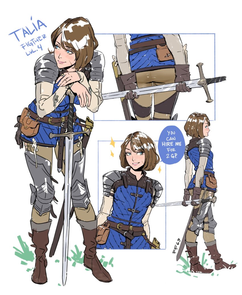 1girl absurdres armor artist_name belt_pouch blue_eyes boots brown_hair ff69_(ff69x) gloves highres jewelry leg_armor long_sleeves mercenary pants pouch ring scar scar_on_face sheath short_hair shoulder_armor sword weapon