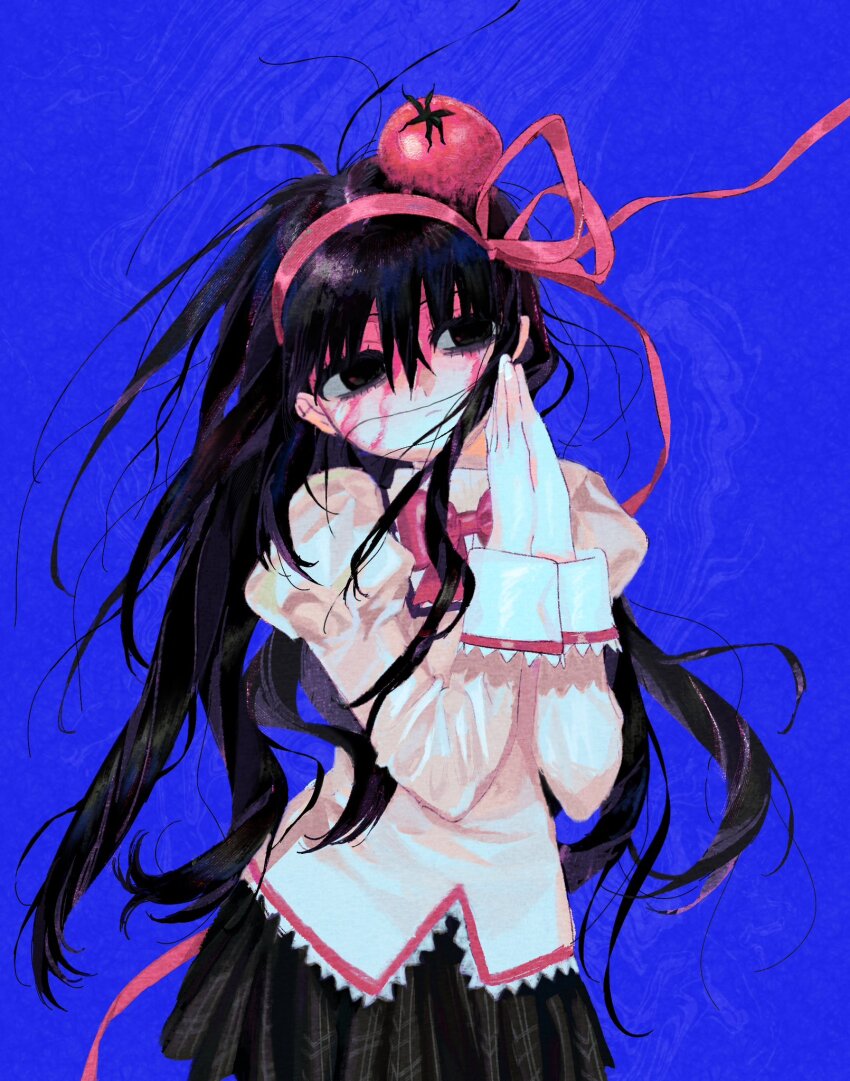 1girl akemi_homura ambiguous_red_liquid bags_under_eyes black_eyes black_hair black_skirt blue_background bow bowtie closed_mouth cowboy_shot expressionless floating_hair food food_on_head hair_ribbon hands_up hashtag-only_commentary highres juliet_sleeves laz_(wancchaco) long_hair long_sleeves looking_to_the_side mahou_shoujo_madoka_magica mahou_shoujo_madoka_magica_(anime) messy_hair mitakihara_school_uniform object_on_head own_hands_together plaid_clothes plaid_skirt pleated_skirt puffy_sleeves red_bow red_bowtie red_ribbon ribbon school_uniform skirt solo sweater tomato very_long_hair white_sleeve_cuffs wind yellow_sweater
