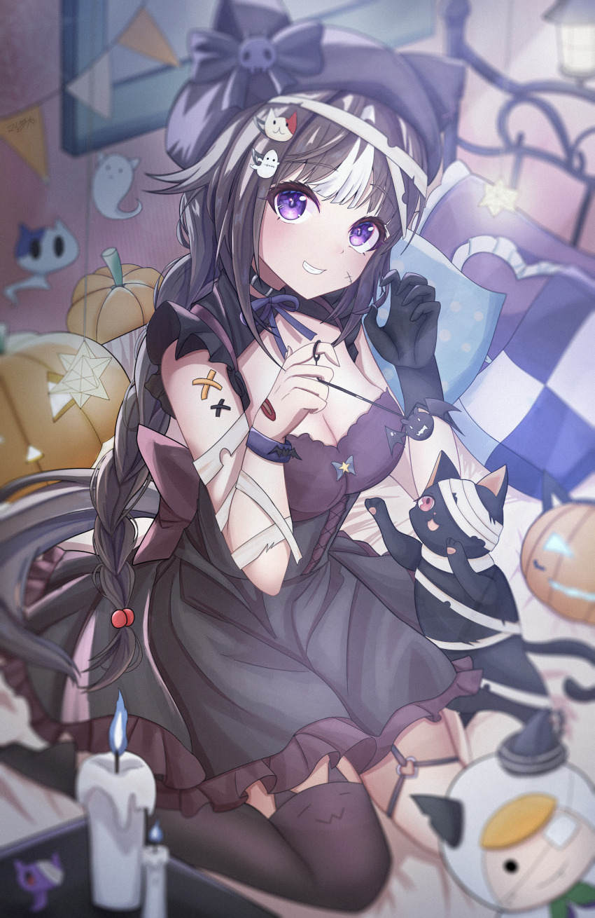 1girl absurdres bed blurry blurry_background breasts candle cat cleavage collarbone commentary_request gloves grin hair_ornament halloween_costume hat highres hokko_tarumae_(umamusume) horse_girl long_braid long_hair looking_at_viewer maisaka_haruka medium_breasts paw_pose purple_eyes ribbon seiza sitting smile solo thighhighs tomachop umamusume