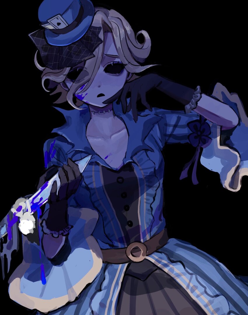 1girl belt black_background black_gloves blood blood_on_face bloody_weapon blue_blood blue_dress blue_hat brown_belt card cowboy_shot curly_hair dark dress finger_to_mouth gloves grey_hair hair_between_eyes hand_up hat hat_ornament highres hoge_(n8sss) holding holding_weapon hollow_eyes identity_v looking_at_viewer mary_(identity_v) mini_hat mini_top_hat parted_lips playing_card shards short_hair simple_background three-quarter_sleeves solo stitched_neck stitches top_hat veil weapon