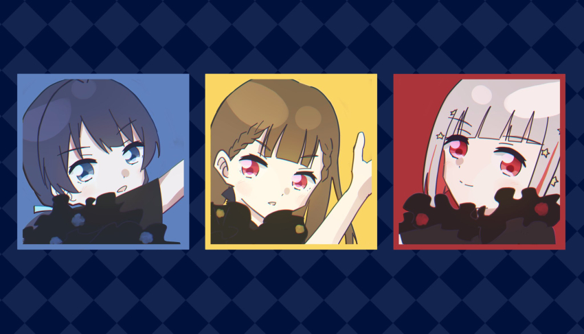 3girls 3rd_live_tour_try_tri_unity!!! arm_up black_bow black_shirt blue_border blue_eyes blue_hair blue_ribbon bob_cut border bow braid brown_hair center-flap_bangs closed_mouth colored_inner_hair commentary_request diagonal_bangs dollchestra grey_hair hair_bow hair_ornament hair_ribbon highres inverted_bob kachimachi_kosuzu link!_like!_love_live! long_hair love_live! low_twintails magu_(cv_mgmgcup) multicolored_hair multiple_girls murano_sayaka open_mouth red_eyes red_hair ribbon shirt short_hair side_braids smile split_mouth star_(symbol) star_hair_ornament straight_hair streaked_hair twintails virtual_youtuber yugiri_tsuzuri