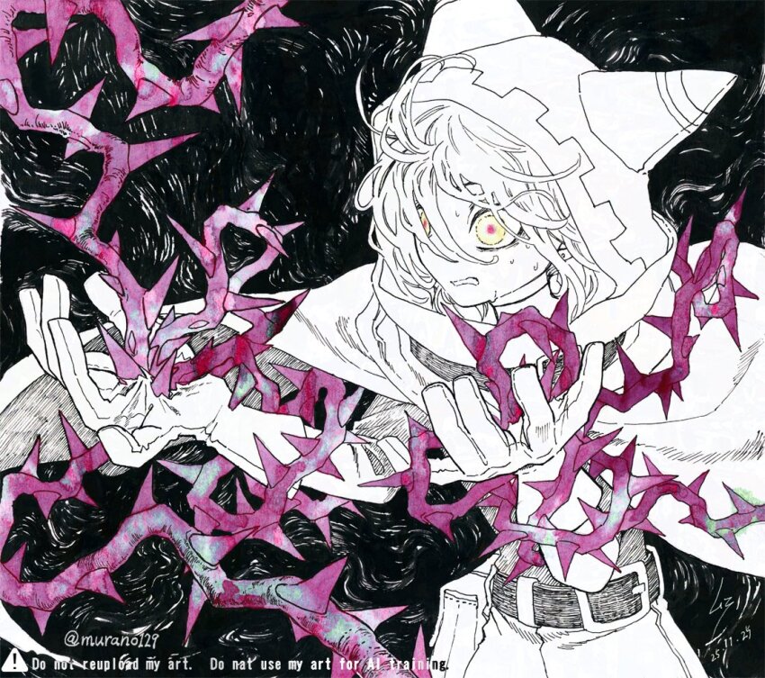 animal_ear_hood belt black_background cape check_commentary commentary_request fake_animal_ears gloves hand_injury hood humanization impaled kirby_(series) kirby_air_ride kirby_air_riders magolor marx_(kirby) messy_hair murano129 nintendo partially_colored scared thorns