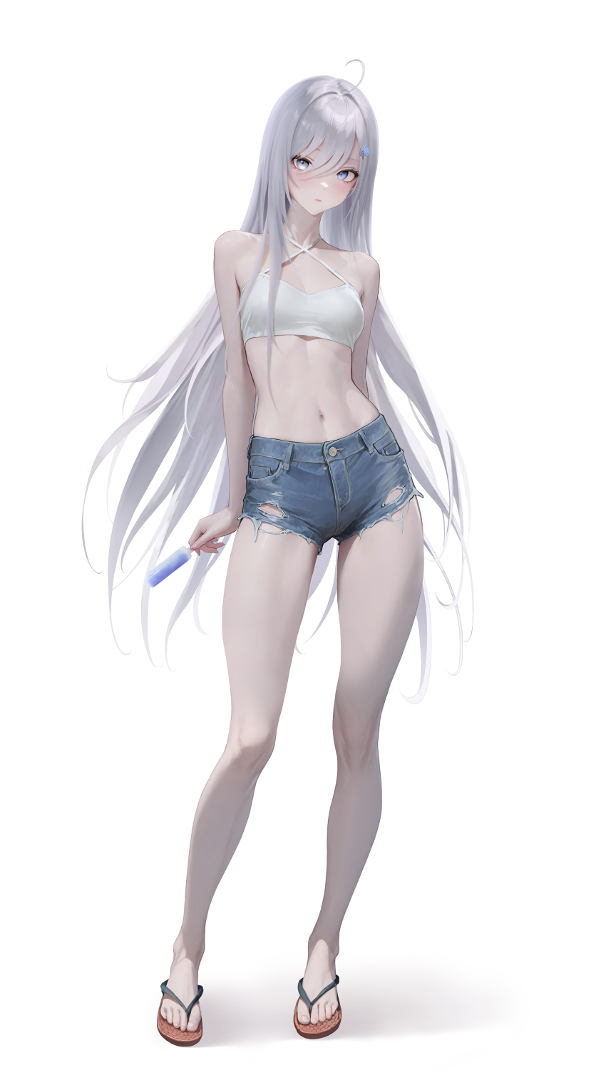 1girl absurdres arm_behind_back blue_eyes blue_shorts breasts cleavage closed_mouth crop_top denim denim_shorts expressionless flip-flops food full_body highres holding holding_food holding_popsicle long_hair looking_at_viewer midriff navel no_bra nyarko popsicle sandals shibou_yuugi_de_meshi_o_kuu shirt short_shorts shorts simple_background small_breasts solo stomach very_long_hair white_background white_hair white_shirt yuuki_(shibou_yuugi)