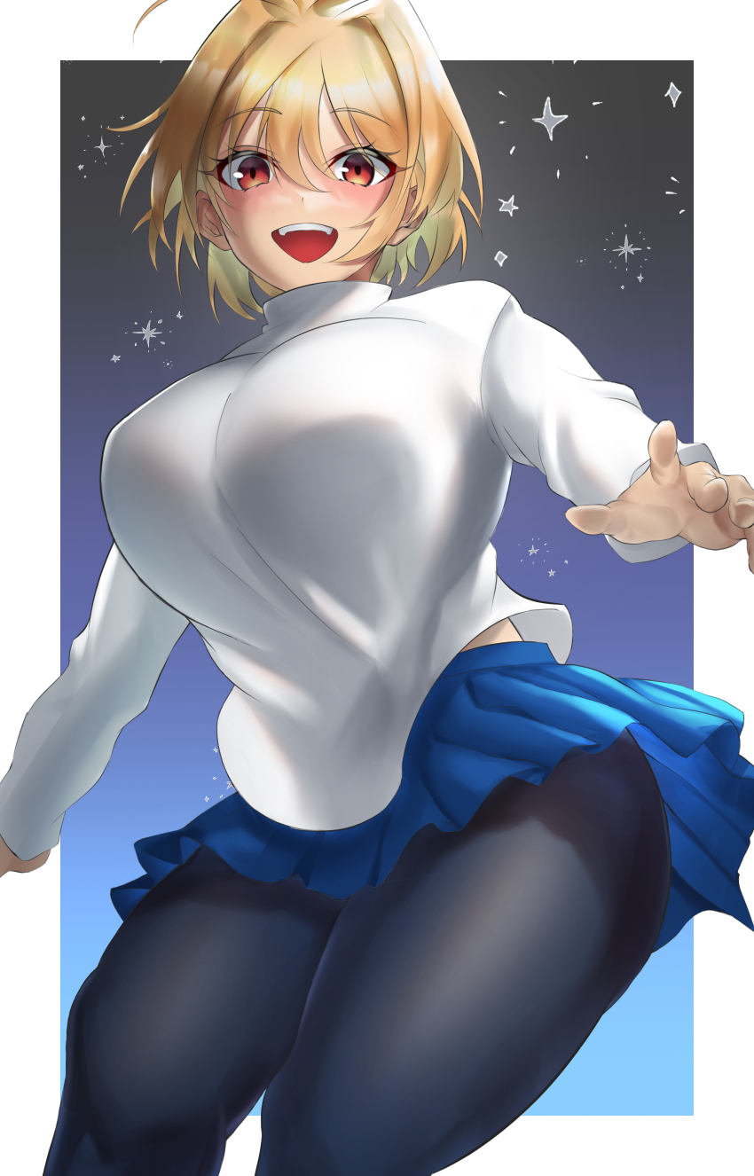 1girl absurdres antenna_hair arcueid_brunestud blonde_hair blue_skirt blush border breasts hair_between_eyes highres large_breasts long_sleeves looking_at_viewer miniskirt night night_sky open_mouth red_eyes sato_one1 short_hair single_hair_intake skirt sky solo star_(sky) starry_sky sunlight sweater thick_thighs thighs tsukihime tsukihime_(remake) type-moon white_border