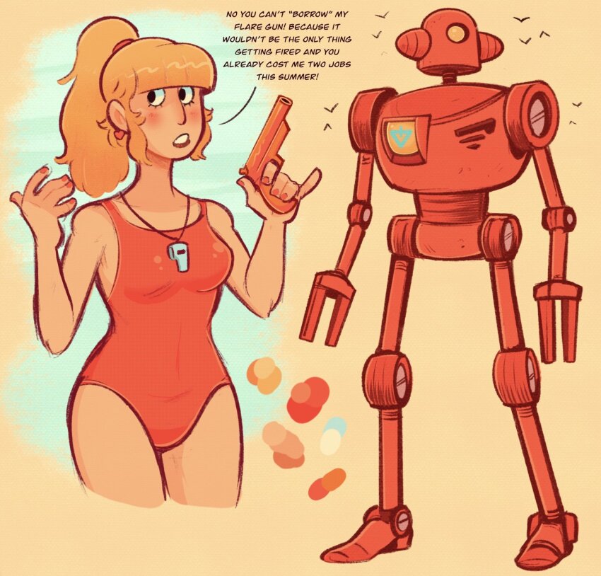 1girl bare_shoulders blonde_hair blush breasts commentary earrings english_commentary flare_gun heart heart_earrings highres jewelry lifeguard mechanical_arms medium_breasts mostlyghostly one-piece_swimsuit orange_one-piece_swimsuit original ponytail red_lips red_nails robot simple_background swimsuit upper_body whistle whistle_around_neck
