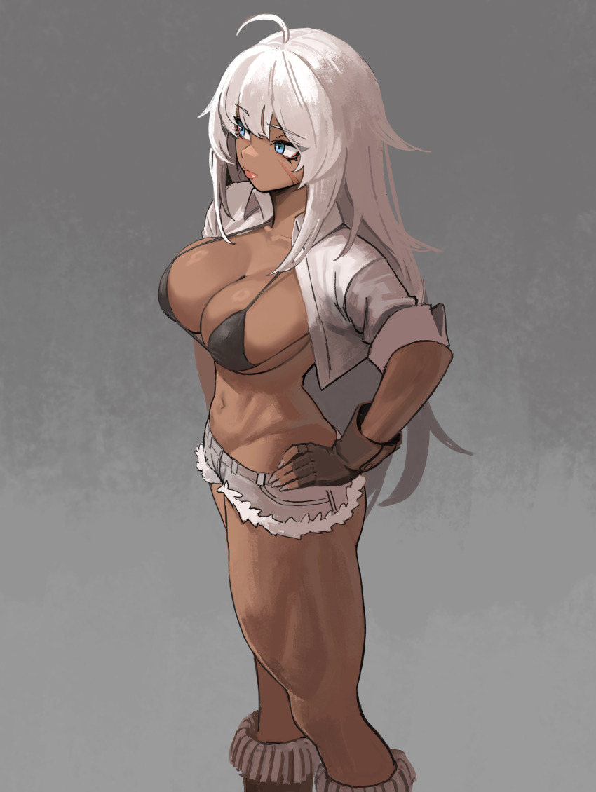 1girl absurdres ahoge azur_lane bikini bikini_top_only black_bikini blue_eyes breasts brown_gloves cleavage closed_mouth commentary dark-skinned_female dark_skin expressionless facial_scar feet_out_of_frame fingerless_gloves gloves grey_background grey_shorts groin hand_on_own_hip highres indiana_(azur_lane) indiana_(high_noon_arrest)_(azur_lane) large_breasts lips long_hair looking_afar lowleg lowleg_shorts micro_shorts navel scar scar_on_cheek scar_on_face shorts soldat_(dndosld73832) solo swimsuit white_hair