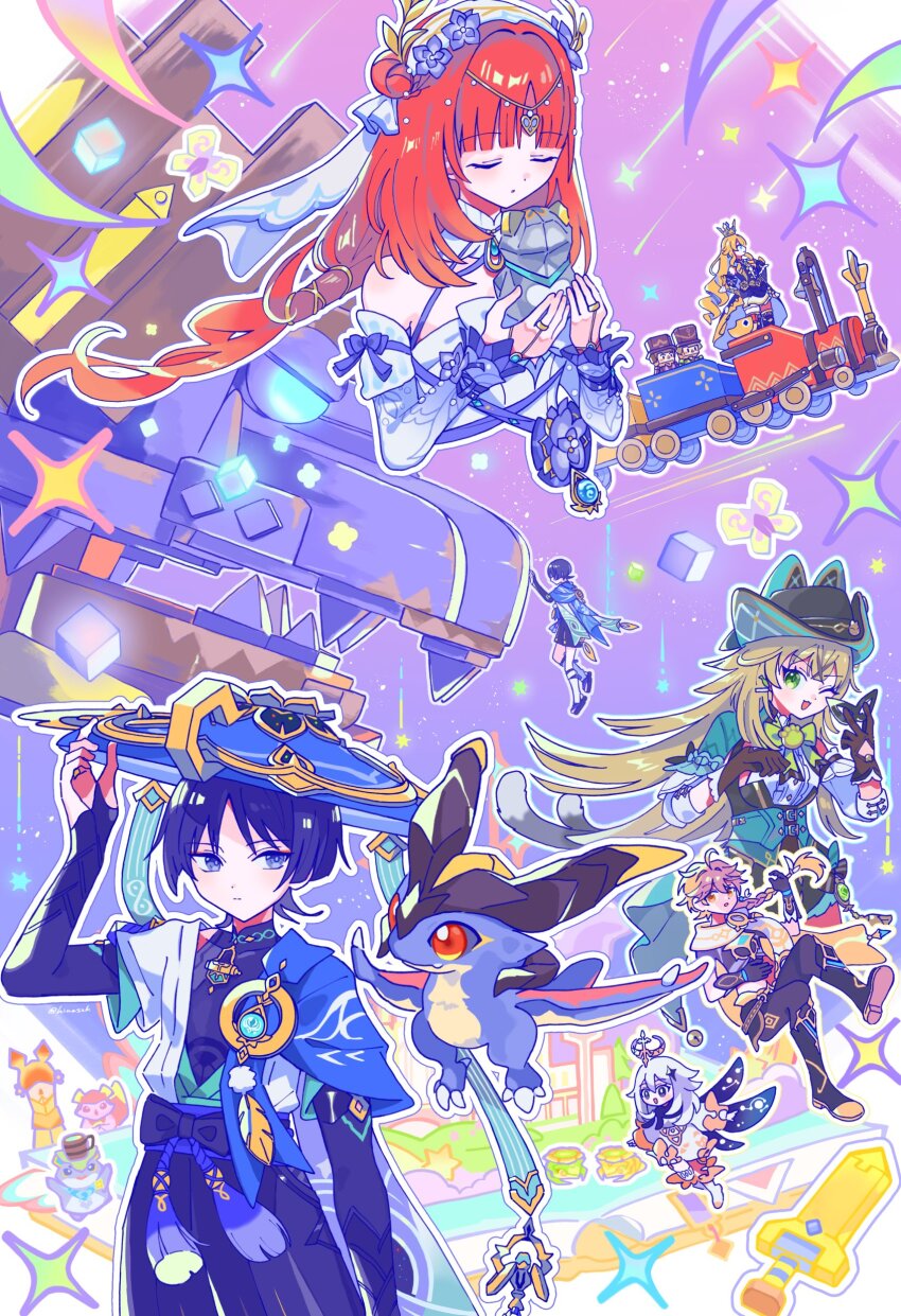 2boys 4girls absurdres aether_(genshin_impact) animal animal_ears animal_hat animal_on_hand aqua_corset aqua_sleeves armor bird black_bodysuit black_bow black_dress black_eyes black_gloves black_hair black_hat black_pants black_scarf black_shorts black_sleeves black_thighhighs blonde_hair blue_brooch blue_cape blue_hat blunt_bangs blunt_ends blunt_sidelocks bodysuit bow bowtie bridal_gauntlets brooch brown_gloves bug butterfly cape cat_ears cat_hat circlet claws closed_eyes collar corset crop_top crossed_bangs crown cube detached_sleeves diamond_(shape) diamond_hair_ornament disembodied_torso double-parted_bangs dragon dragon_horns dragon_tail dragon_wings dress drill_hair drill_sidelocks duck eye_mask eyeliner eyeshadow feathers floating flower frog genshin_impact gloves gold_circlet gold_crown gold_ring gold_trim golden_sword green_bow green_bowtie green_eyes grey_eyes hair_bun hair_flower hair_intakes hair_ornament hakama hakama_shorts halo hamster hand_up hands_on_own_hips hat headdress heart highres hinaszk holding holding_mask holding_unworn_clothes holding_unworn_hat horns insect japanese_armor japanese_clothes jewelry jingasa kimono kirara_(genshin_impact) kirara_(phantom_in_boots)_(genshin_impact) kote kurokote laurel_crown layered_clothes layered_kimono layered_sleeves llama long_hair long_sleeves looking_at_another low-braided_long_hair low-tied_long_hair magic_circle makeup mandarin_collar mask mechanical_halo middle_ring mini_durin_(genshin_impact) multiple_boys multiple_girls multiple_horns navia_(genshin_impact) nilou_(breeze_of_sabaa)_(genshin_impact) nilou_(genshin_impact) open_clothes open_hands open_kimono open_mouth origami outstretched_arms padisarah_flower paimon_(genshin_impact) pants parted_lips pom_pom_(clothes) purple_bow purple_flower purple_sleeves purple_trim red_eyes red_hair ring romper scaramouche_(genshin_impact) scarf shooting_star short_hair_with_long_locks short_sleeves shorts sidelocks single_side_bun skirt small_dragon spaghetti_strap squirrel star_(sky) star_(symbol) sword tail tassel thighhighs thighlet toy toy_sword toy_train unworn_hat unworn_headwear upper_body veil vision_(genshin_impact) wanderer_(genshin_impact) weapon white_collar white_hair white_headdress white_kimono white_romper white_scarf white_skirt white_sleeves white_trim white_veil wings yellow_eyeliner yellow_eyes yellow_eyeshadow