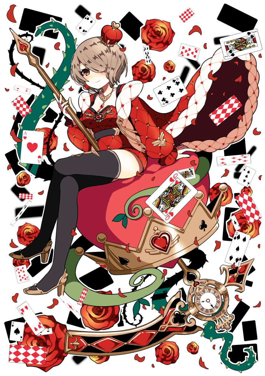 absurdres ace_(playing_card) ace_of_hearts black_thighhighs breasts cape card cleavage clock club_(shape) commentary_request crossed_legs crown diamond_(shape) dress earrings elina_(e2n04n) flower full_body hair_over_one_eye heart heart_earrings high_heels highres holding holding_scepter honkai_(series) honkai_impact_3rd jack_(playing_card) jack_of_spades jewelry king_(playing_card) king_of_clubs light_brown_hair long_sleeves necklace petals playing_card puffy_long_sleeves puffy_sleeves queen_(playing_card) queen_of_hearts_(playing_card) red_dress red_eyes red_flower red_rose rita_rossweisse rita_rossweisse_(dame_de_coeur) rita_rossweisse_(umbral_rose) rose scepter short_hair sitting solo spade_(shape) thighhighs thorns