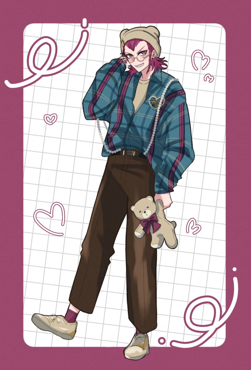 1boy absurdres adjusting_eyewear alternate_costume arm_up beads beanie belt belt_buckle bespectacled black_belt black_pants border braid brown-framed_eyewear brown_footwear buckle collared_shirt commentary_request danganronpa_(series) danganronpa_2:_goodbye_despair full_body glasses grid_background grin hat heart highres holding holding_stuffed_toy holding_teddy_bear layered_clothes long_sleeves looking_to_the_side male_focus neck_ribbon open_clothes open_shirt outside_border pants pink_border pink_eyes pink_hair pink_ribbon plaid_clothes plaid_shirt red_socks ribbon sharp_teeth shirt shirt_tucked_in shoelaces side_braid sideways_glance single_braid smile socks soda_kazuichi solo standing stuffed_animal stuffed_toy suspenders teddy_bear teeth tuki_onigiri v-shaped_eyebrows white_shirt wing_collar