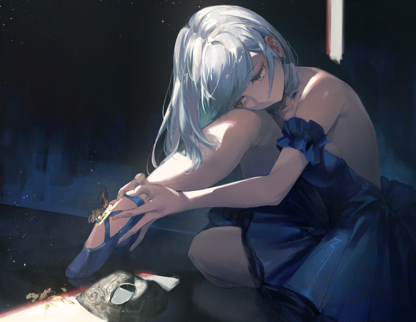 1girl airool bang_dream! bang_dream!_it&#039;s_mygo!!!!! bare_shoulders blue_dress blue_hair blue_shoes breasts bug butterfly dark detached_sleeves dress hands_on_own_foot highres insect looking_down mask medium_hair mortis_(bang_dream!) mortis_(costume)_(bang_dream!) pantyhose shoes sideboob sitting sleeveless sleeveless_dress solo wakaba_mutsumi white_pantyhose yellow_eyes