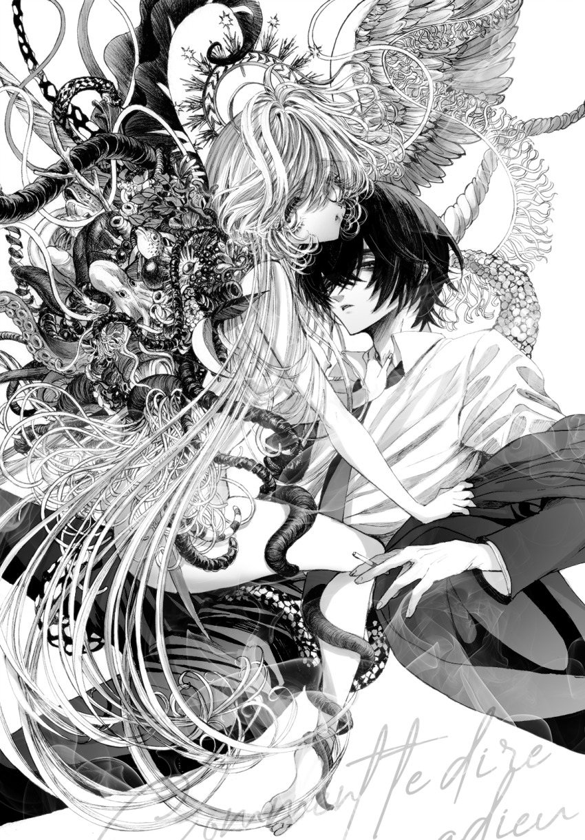 1boy 1girl ass asymmetrical_wings aya_carmine body_horror breasts clothed_male_nude_female commentary_request expressionless feathered_wings flower_wings formal_clothes girl_on_top greyscale hetero highres hitomi_hirosuke_(sayonara_wo_oshiete) jacket leaf_wings long_hair looking_at_viewer mismatched_wings monochrome necktie nipples nude off_shoulder open_clothes open_jacket parted_lips plant_wings sayonara_wo_oshiete small_breasts straddling suction_cups sugamo_mutsuki suit tendril tentacles traditional_media very_long_hair wings