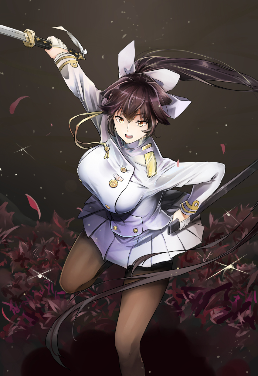 1girl absurdres azur_lane black_background bow breasts brown_hair female_focus floral_background glint gloves hair_bow highres holding holding_sword holding_weapon jeffrey10 katana large_breasts leaning_forward leg_up long_hair long_sleeves looking_at_viewer military military_uniform outstretched_arm petals pleated_skirt ponytail sheath skirt solo standing standing_on_one_leg sword takao_(azur_lane) tsurime unsheathed v-shaped_eyebrows very_long_hair weapon white_bow white_gloves white_skirt yellow_eyes
