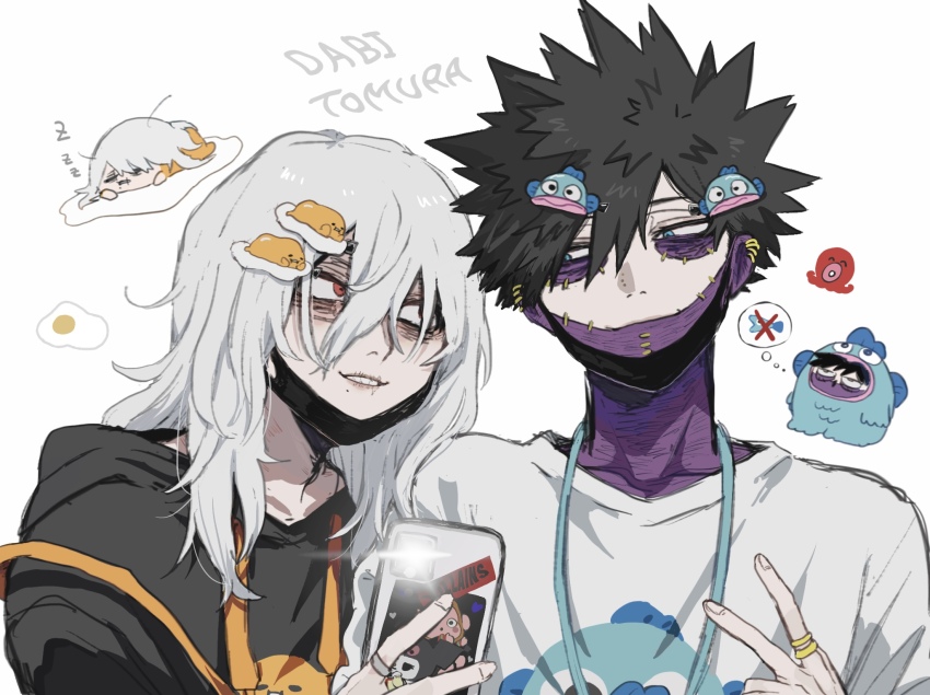 2boys ametaro_(ixxxzu) black_hair black_hoodie boku_no_hero_academia burn_scar camera_flash cellphone character_name cheek_piercing chibi chibi_inset dabi_(boku_no_hero_academia) ear_piercing egg egg_yolk fish_costume gudetama hangyodon highres holding holding_phone hood hoodie jewelry looking_at_another male_focus mask medium_hair mouth_mask multiple_boys multiple_piercings multiple_scars nose_piercing phone piercing print_hoodie print_shirt red_eyes ring sanrio scar scar_on_face scar_on_mouth scar_on_neck shigaraki_tomura shirt short_hair simple_background smartphone spiked_hair staple stapled stitches surgical_mask upper_body white_background white_hair white_shirt wrinkled_skin