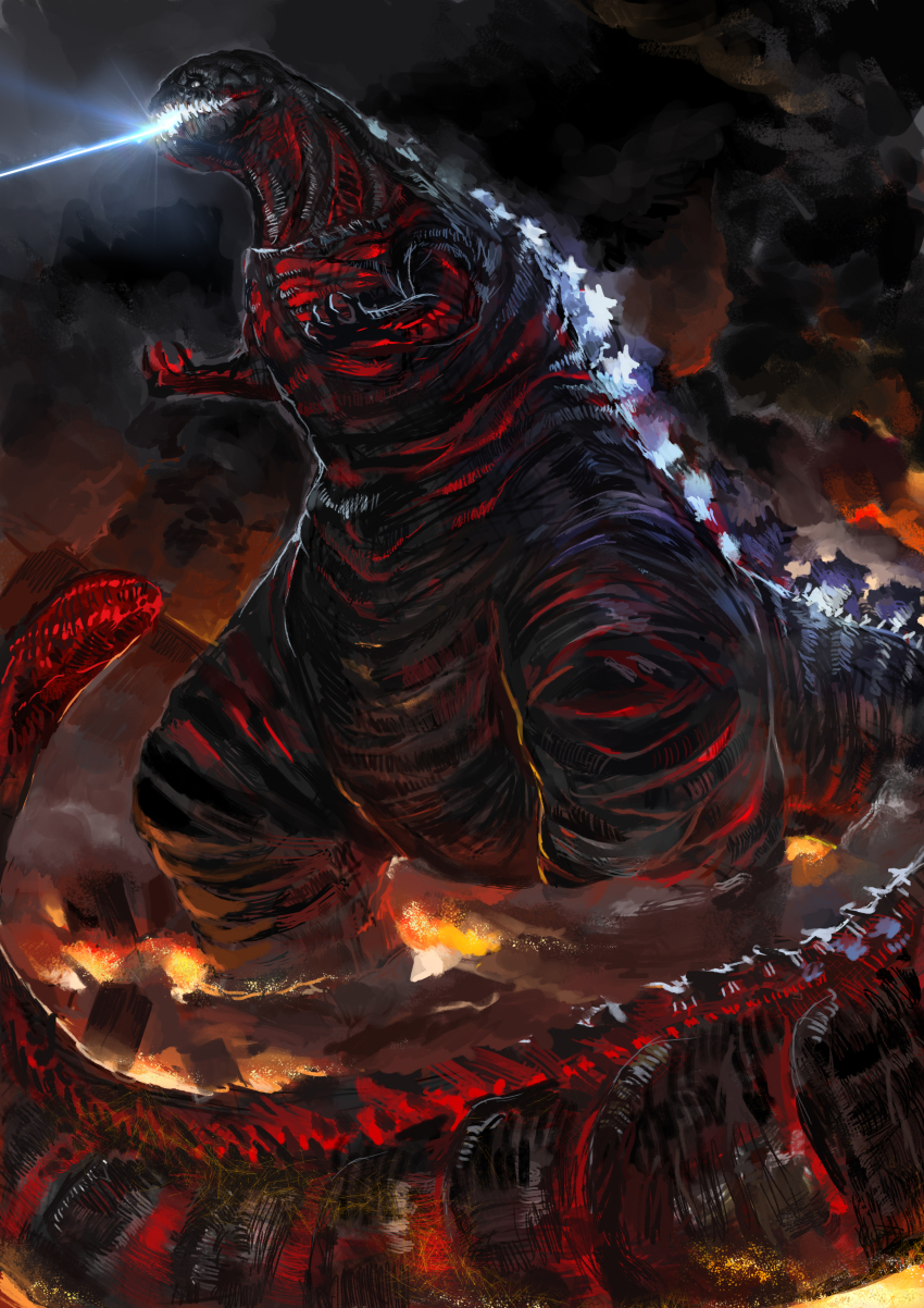 absurdres black_clouds dinosaur fire godzilla godzilla_(series) godzilla_(shin) highres kaiju laser monster no_humans open_mouth ritsu24 shin_godzilla smoke standing tail teeth