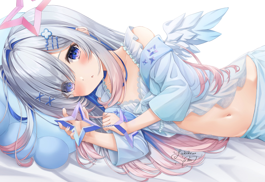 1girl absurdres alternate_hairstyle amane_kanata angel_wings asymmetrical_bangs bare_shoulders bed_sheet blue_chemise blue_hair blue_pajamas blue_wings blush braid center_opening character_pillow chemise colored_inner_hair commentary_request feathered_wings flat_chest frilled_chemise frilled_straps gradient_hair gradient_wings grey_hair hair_over_one_eye half_up_braid halo highres hololive long_bangs long_hair looking_at_viewer loungewear lying mini_wings multicolored_hair multicolored_wings multiple_hair_clips navel off_shoulder on_side one_side_up pajamas parted_lips pink_hair pink_streaks purple_eyes single_handcuff sleepwear solo star_halo stomach straight_hair tilted_halo upao_(amane_kanata) virtual_youtuber white_wings wings yukikawa_sara