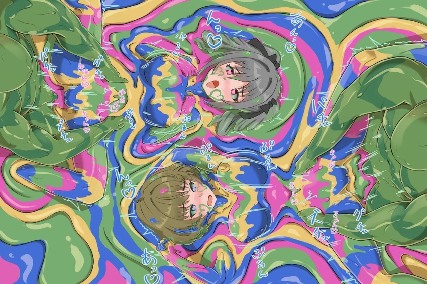2boys 2girls alolan_form alolan_muk breasts drill_hair eyebrows eyelashes gen_7_pokemon green_hair grey_hair hair_ornament haruma_(messy_illust) heart heart-shaped_pupils idolmaster idolmaster_cinderella_girls kanzaki_ranko medium_breasts multiple_boys multiple_girls nintendo nipples nude open_mouth pokemon pussy red_eyes sex short_hair sound_effects spread_legs symbol-shaped_pupils takagaki_kaede twin_drills