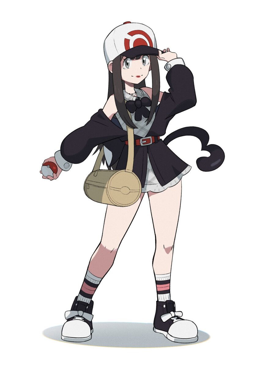 1girl alternate_costume bag baseball_cap belt black_hair closed_mouth commentary english_commentary full_body grey_eyes hat highres holding holding_poke_ball long_hair looking_at_viewer nintendo poke_ball poke_ball_(basic) poke_ball_print pokemon print_hat red_lips sakurane_shoka shin_subarashiki_kono_sekai shoes shoulder_bag simple_background smile socks solo spaghetto087 standing subarashiki_kono_sekai white_background white_hat white_socks yellow_bag