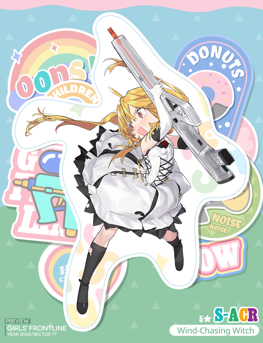 1girl aged_down assault_rifle birdcage_flash_hider blonde_hair blush bullpup burst_fire_gun burst_fire_rifle double-stack_magazine double-stack_single-feed_magazine dress elbow_gloves full_body girls&#039;_frontline gloves gun hair_ribbon highres long_gun long_hair lu_yin magazine_(weapon) muzzle_device needlegun official_alternate_costume official_art open_mouth personification pink_eyes prototype_design ribbon rifle s-acr_(girls&#039;_frontline) see-through_clothes single-feed_magazine solo standing steyr_acr steyr_arms translucent weapon white_dress white_gloves