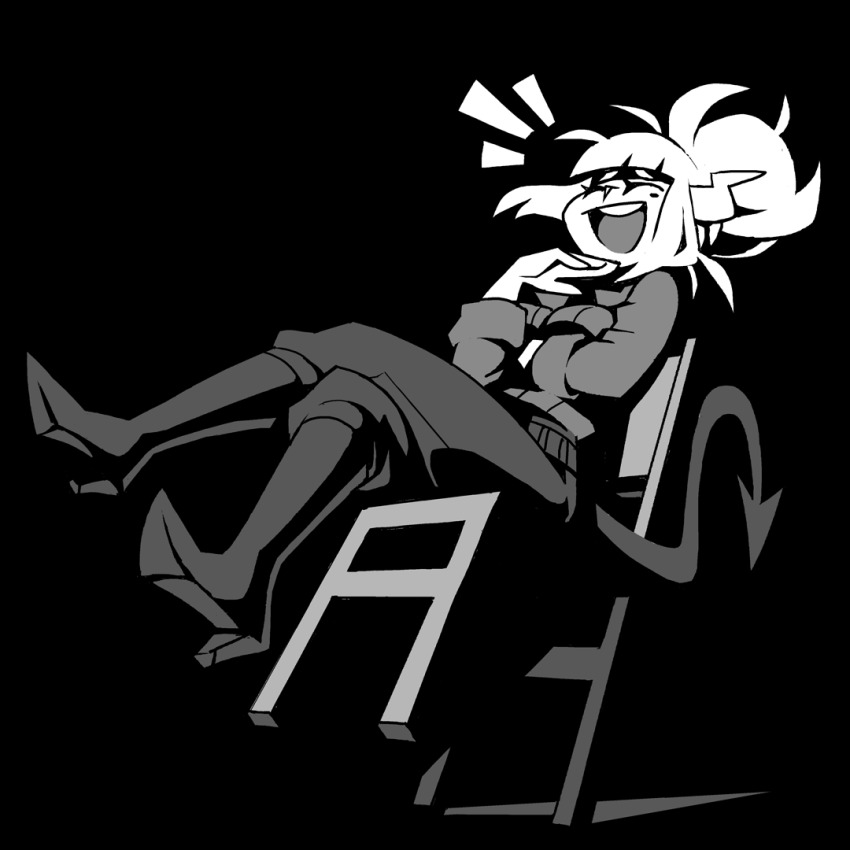 1girl black_background black_tail boots breasts chain commentary demon_girl demon_horns demon_tail english_commentary closed_eyes full_body greyscale helltaker horns laughing lucifer_(helltaker) mole mole_under_eye monochrome ojou-sama_pose open_mouth sitting smile solo tail vanripper white_hair white_horns
