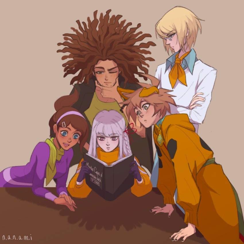 2girls 3boys animal_ears asahina_aoi ascot bead_bracelet beads black_jacket black_nails blonde_hair blue_eyes book bracelet braid brown_eyes brown_hair closed_mouth collared_shirt commentary cosplay crossed_arms danganronpa:_trigger_happy_havoc danganronpa_(series) daphne_blake daphne_blake_(cosplay) dark-skinned_female dark-skinned_male dark_skin dog_ears dreadlocks dress elbows_on_table english_commentary english_text eyelashes facial_hair fake_animal_ears fingernails fred_jones fred_jones_(cosplay) glasses gloves green_eyes green_scarf green_shirt hagakure_yasuhiro hair_ribbon hand_on_own_chin hands_on_table highres holding holding_book hood hood_down jacket jewelry kirigiri_kyoko long_hair long_sleeves multiple_boys multiple_girls naegi_makoto nail_polish nanamis-username one_eye_closed onesie open_book open_clothes open_jacket open_mouth orange_ascot orange_sweater ponytail purple_dress purple_eyes purple_gloves purple_hair reading red_ribbon ribbon scarf scooby-doo scooby-doo_(character) scooby-doo_(character)_(cosplay) shaggy_rogers shaggy_rogers_(cosplay) shirt short_hair side_braid simple_background single_braid smile sweater table teeth togami_byakuya turtleneck turtleneck_sweater upper_teeth_only velma_dinkley velma_dinkley_(cosplay) white_shirt
