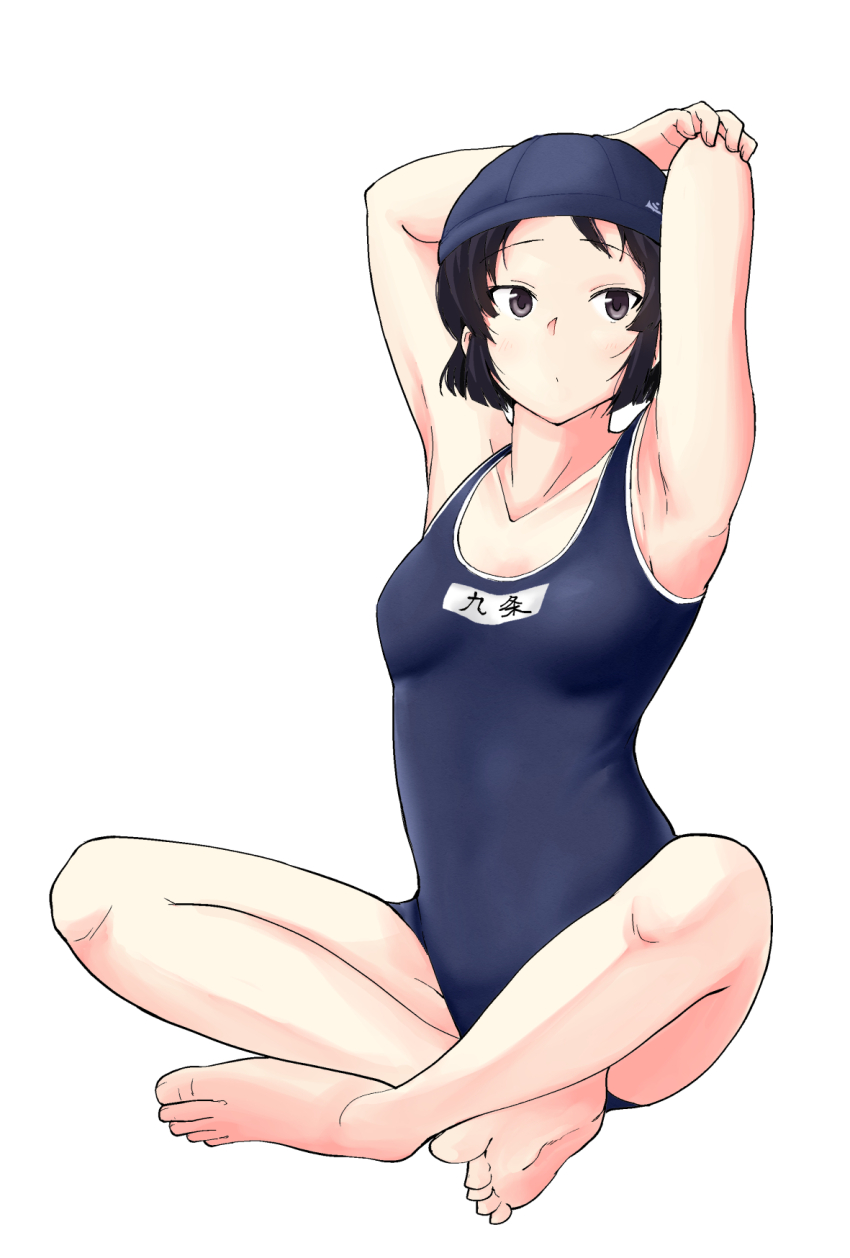 1girl armpits arms_on_head barefoot black_eyes black_hair breasts closed_mouth collarbone commentary_request dot_mouth full_body highres indian_style kujou_meika looking_at_viewer meika-san_wa_oshikorosenai saitou_shouki school_swimsuit short_hair simple_background sitting small_breasts solo swim_cap swimsuit white_background