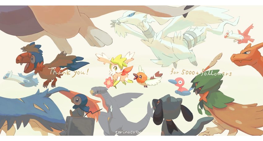 archen bird blue_eyes charizard closed_mouth commentary decidueye eiscue eiscue_(ice) fletchling flying from_side garchomp gen_1_pokemon gen_2_pokemon gen_3_pokemon gen_4_pokemon gen_5_pokemon gen_6_pokemon gen_7_pokemon gen_8_pokemon highres latias legendary_pokemon letterboxed looking_back lugia milestone_celebration mythical_pokemon nintendo no_humans open_mouth piplup pokemon pokemon_(creature) porygon2 reshiram riolu shaymin shaymin_(sky) signature thank_you torinoko_(miiko_draw) zacian zacian_(hero)
