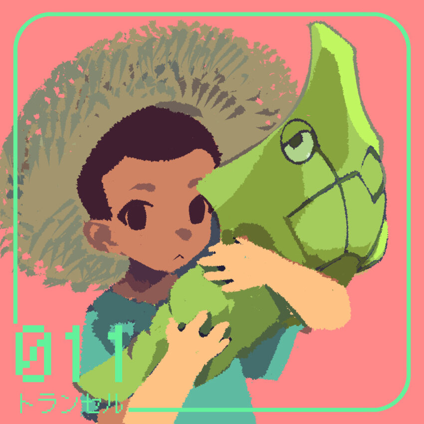 1boy :&lt; black_eyes black_hair blue_shirt bug_catcher_(pokemon) gen_1_pokemon hat holding holding_pokemon looking_at_viewer male_focus metapod nintendo pink_background pokedex_number pokemon pokemon_(creature) pokemon_rse seasideiiii shirt short_sleeves simple_background solid_eyes solo straw_hat t-shirt