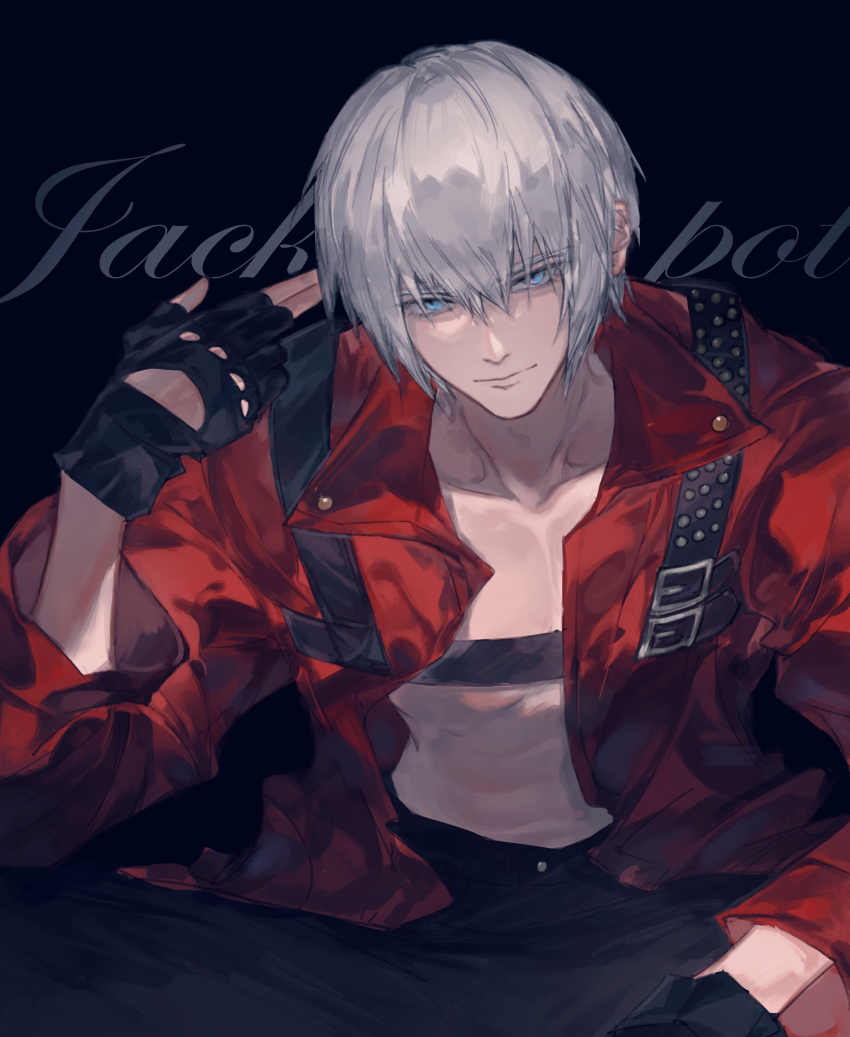 1boy absurdres black_background black_gloves black_pants blue_eyes chest_strap closed_mouth coat dante_(devil_may_cry) devil_may_cry devil_may_cry_(series) devil_may_cry_3 fingerless_gloves fingers_to_head gloves grey_hair hair_between_eyes highres looking_at_viewer male_focus midriff omegaantiworld pants red_coat short_hair sitting solo upper_body