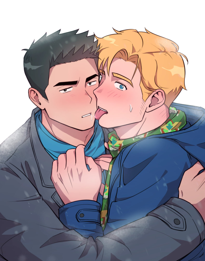 2boys ao_isami bara black_eyes black_hair blonde_hair blue_eyes blush coat facial_hair green_scarf highres hood hood_down lewis_smith licking licking_another&#039;s_face looking_at_viewer male_focus multiple_boys saliva saliva_trail scarf short_hair sideburns_stubble simple_background snow stubble sweatdrop teeth upper_body wasted_m9 white_background yaoi yuuki_bakuhatsu_bang_bravern