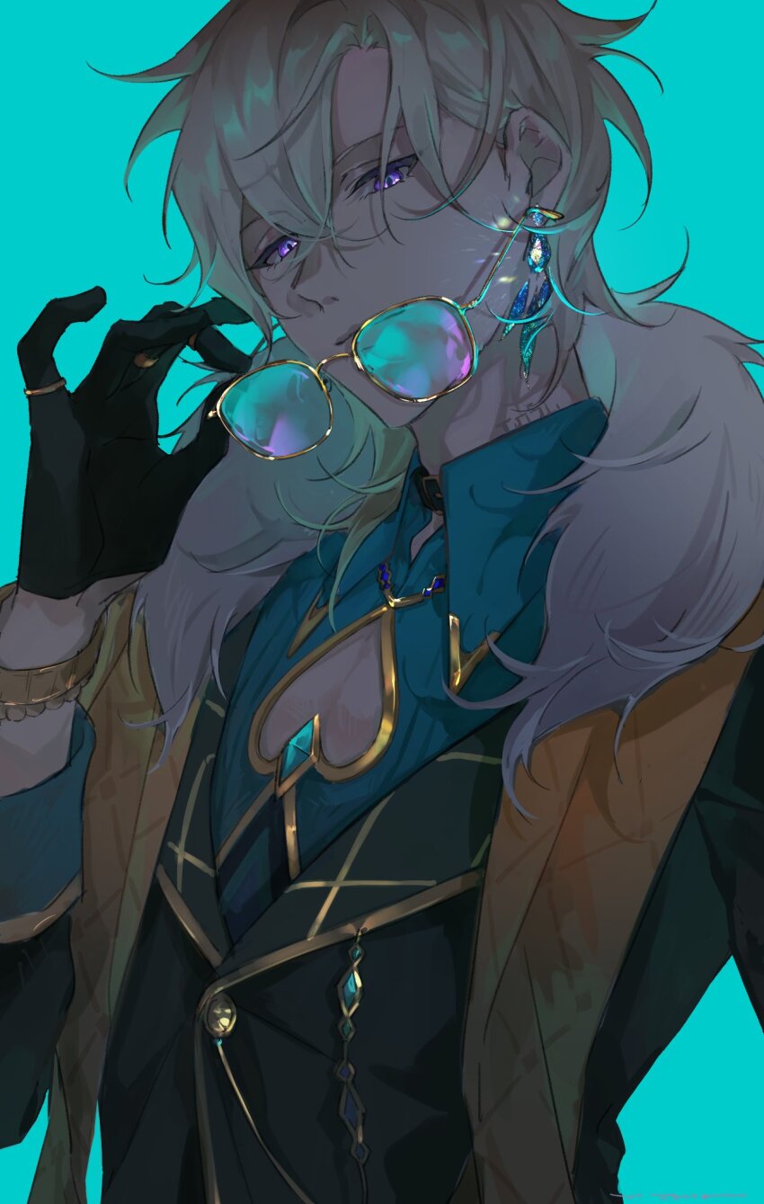 1boy aqua_shirt aventurine_(honkai:_star_rail) black_gloves blonde_hair bracelet cleavage_cutout clothing_cutout collared_shirt ear_piercing earrings fur_trim glasses gloves hair_between_eyes heart_cutout highres honkai:_star_rail honkai_(series) jacket jewelry looking_at_viewer male_focus pectoral_cleavage pectorals piercing purple_eyes ring shirt solo watch wristwatch yama_ta_yomogi
