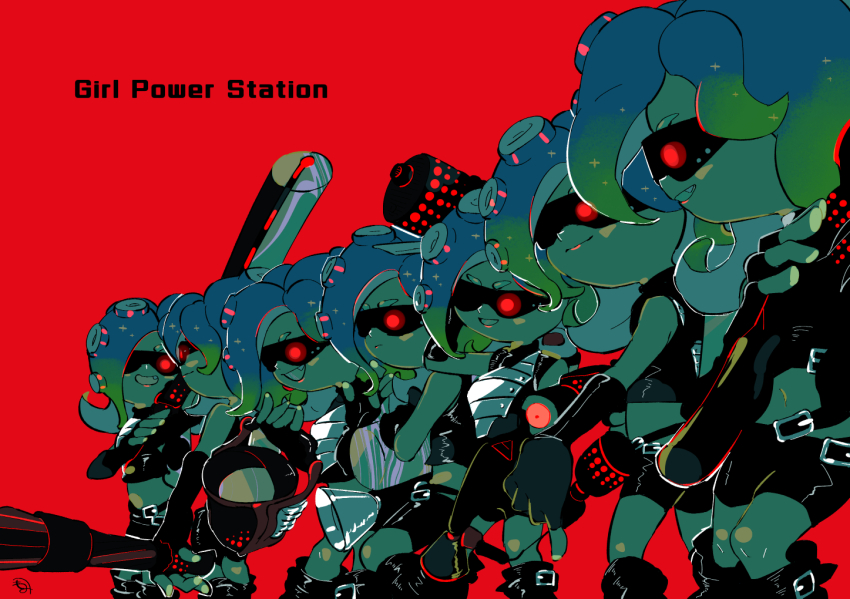 6+girls armor belt belt_buckle bike_shorts black_belt black_footwear black_gloves black_shirt black_shorts blaster_(splatoon) blue_hair boots breastplate buckle colored_skin commentary_request crop_top fingerless_gloves gloves gradient_hair green_hair green_skin grin holding holding_weapon kirikuchi_riku medium_hair midriff multicolored_hair multiple_girls navel nintendo octo_shot_(splatoon) octobrush_(splatoon) parted_bangs red_background sanitized_(splatoon) shirt shorts simple_background slosher_(splatoon) smile splat_brella_(splatoon) splat_dualies_(splatoon) splat_roller_(splatoon) splatoon_(series) splatoon_2 splatoon_2:_octo_expansion sunglasses takozonesu tentacle_hair two-tone_hair v-shaped_eyebrows weapon