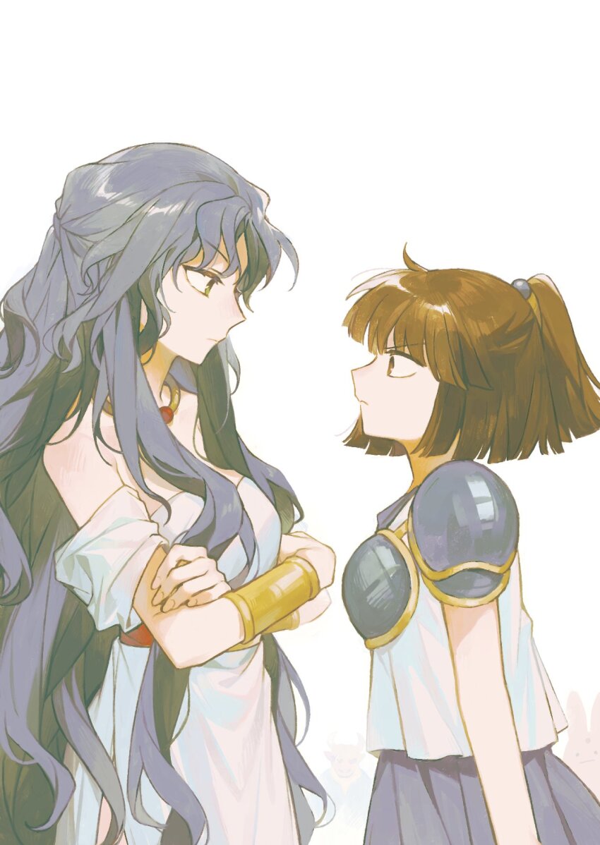 1boy 1girl 2girls arle_nadja armor bare_shoulders black_hair blue_hair blue_skirt bracelet breasts brown_eyes brown_hair closed_mouth crossed_arms dress eye_contact frown green_eyes half_updo highres jewelry long_hair looking_at_another madou_monogatari makiko_yuo00ooo medium_breasts multiple_girls necklace ponytail puyopuyo rulue_(puyopuyo) serious shirt short_hair shoulder_armor simple_background skirt sleeveless very_long_hair wavy_hair white_background white_dress white_shirt yellow_eyes