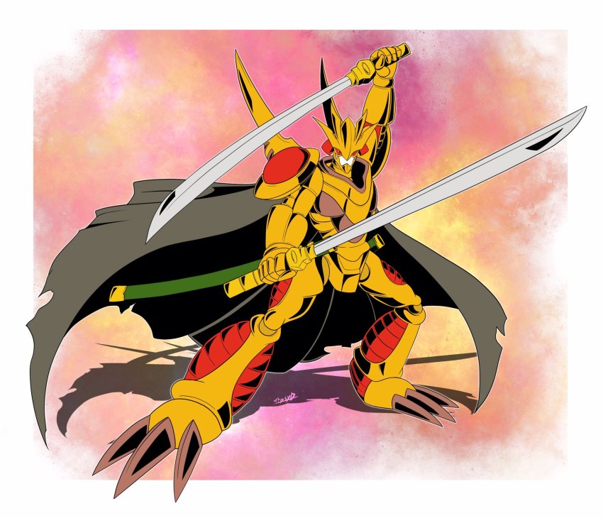 armor cape claws digimon dual_wielding grademon highres holding red_eyes sword tipsydoodlez weapon